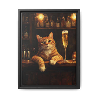 Ginger Cat wall art framed canvas print in a black wood frame
