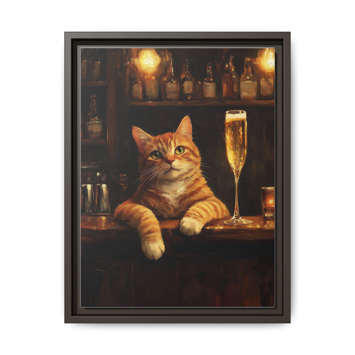 Ginger Cat wall art framed canvas print in an espresso wood frame