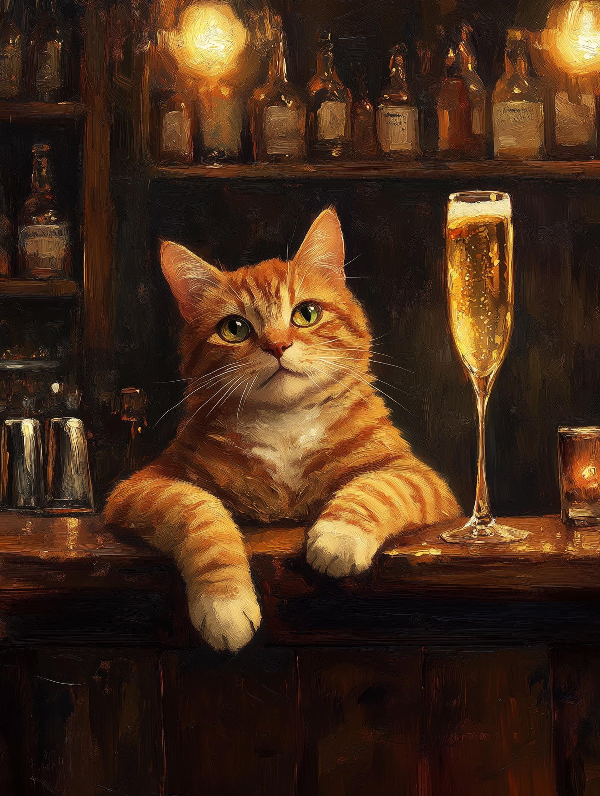 Painterly Italian bar canvas print of a ginger cat beside a champagne flute