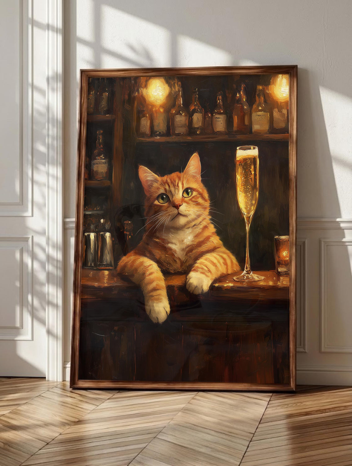 Ginger cat wall art: an amber tabby settled at a dark bar with champagne poured