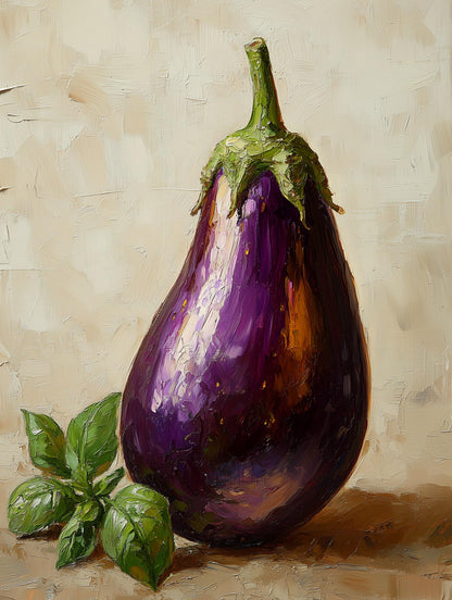 Painterly kitchen still life canvas print with a single glossy eggplant