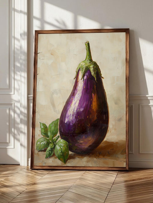 Eggplant wall art: one deep-purple Mediterranean aubergine resting in soft country light