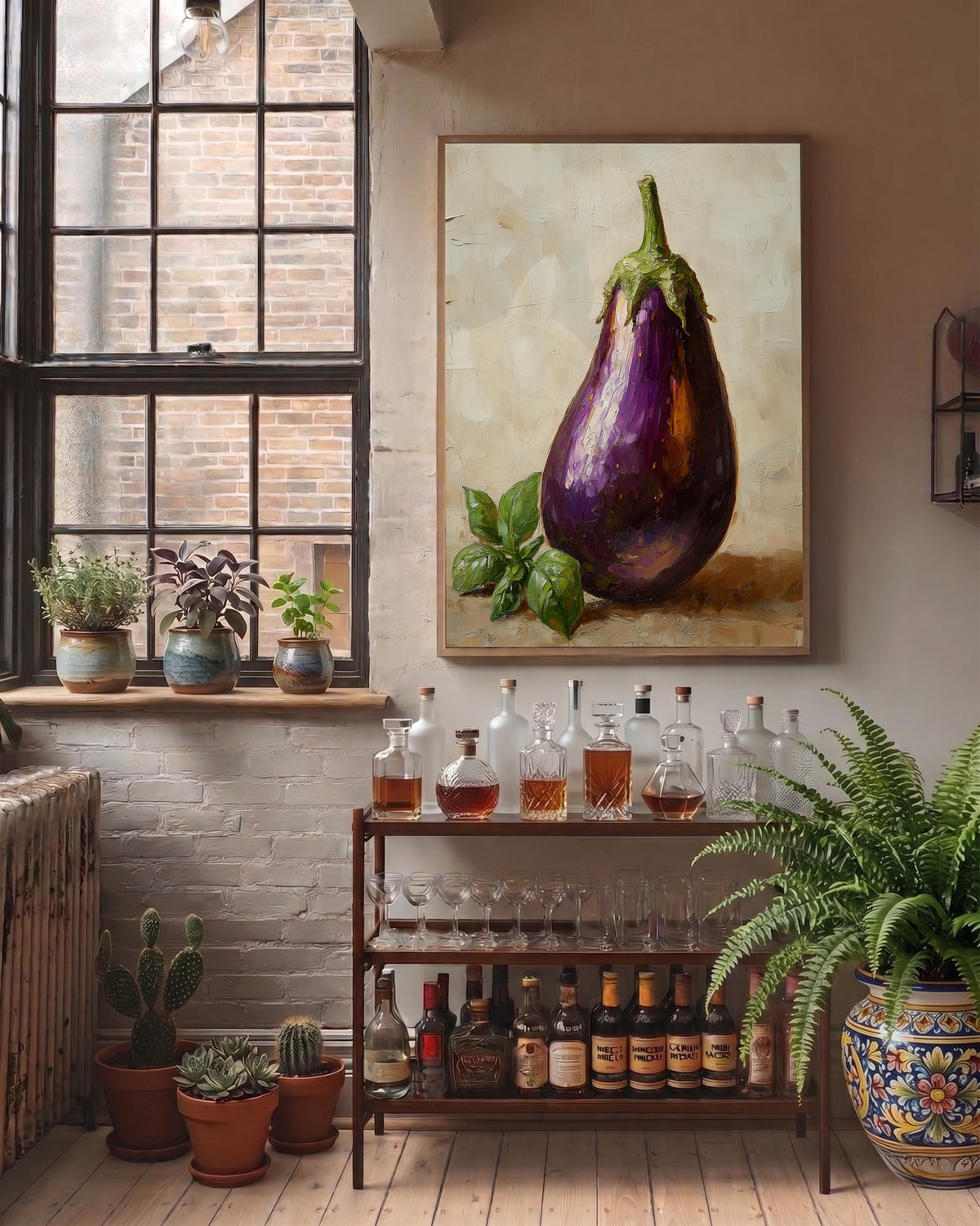 Oil-painting style vegetable study in aubergine and warm cream, ready to hang
