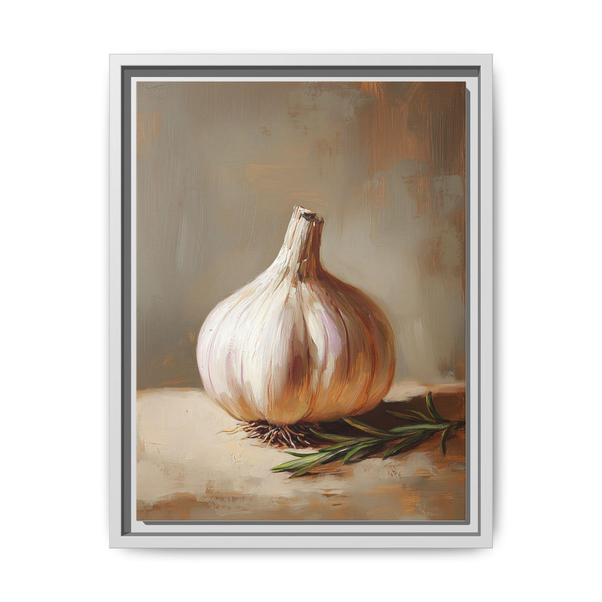 Garlic wall art framed canvas print in a white wood frame