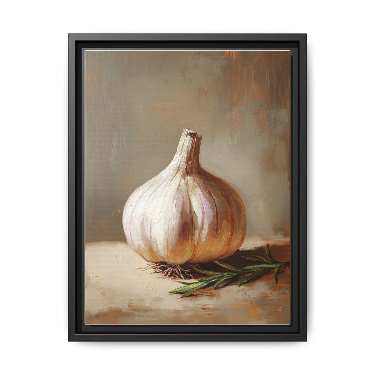 Garlic wall art framed canvas print in a black wood frame