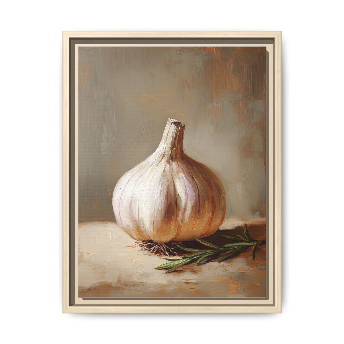 Garlic wall art framed canvas print in a natural wood frame