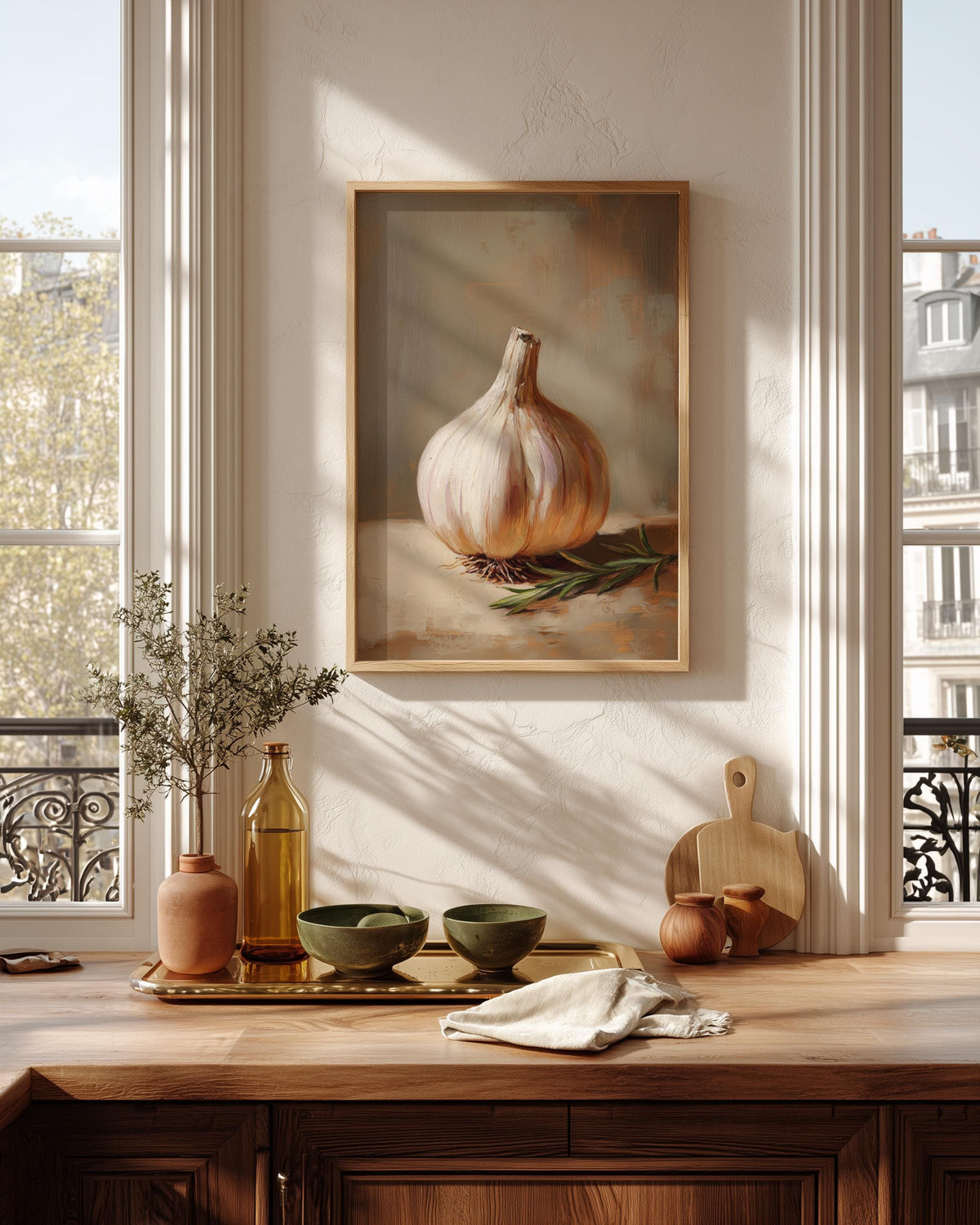 Garlic framed canvas printed on cotton and hand-framed in solid wood