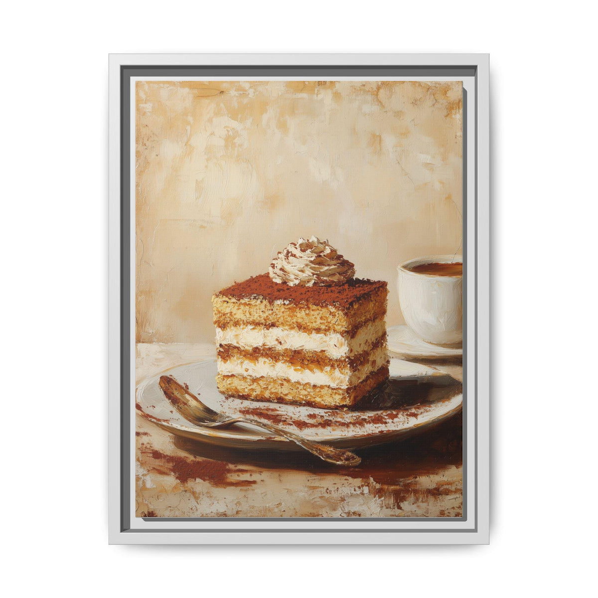 Tiramisu framed canvas print in a white wood frame