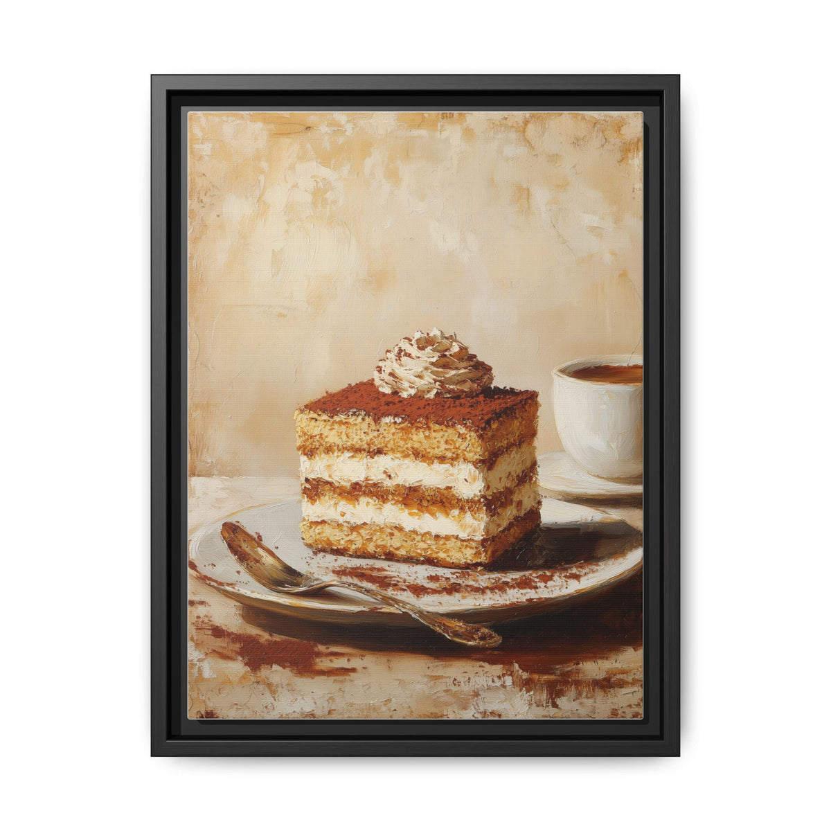 Tiramisu framed canvas print in a black wood frame