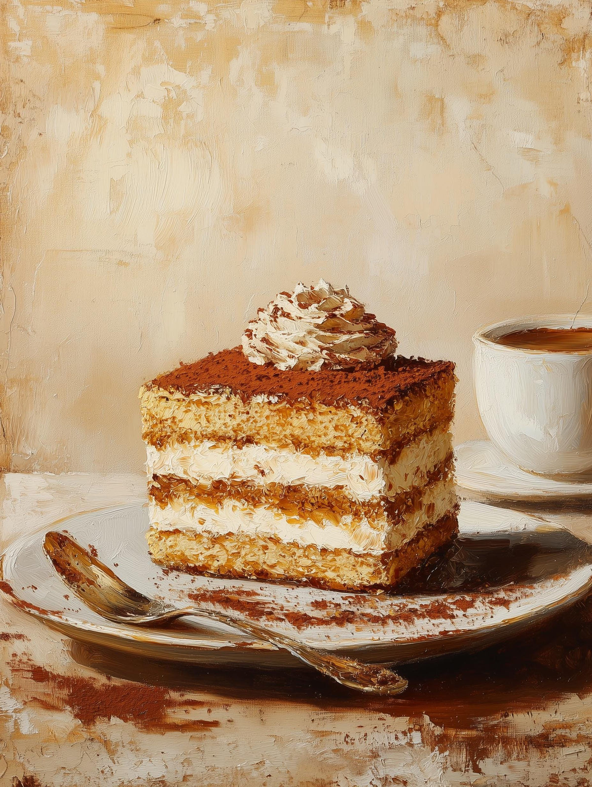 Painterly tiramisu canvas print with cocoa dusted over soft mascarpone layers