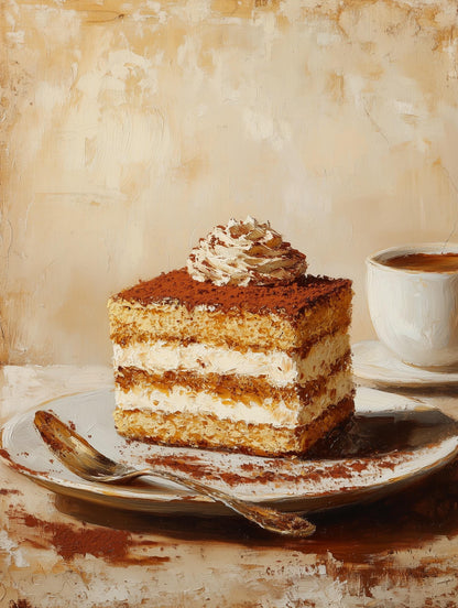 Painterly tiramisu canvas print with cocoa dusted over soft mascarpone layers