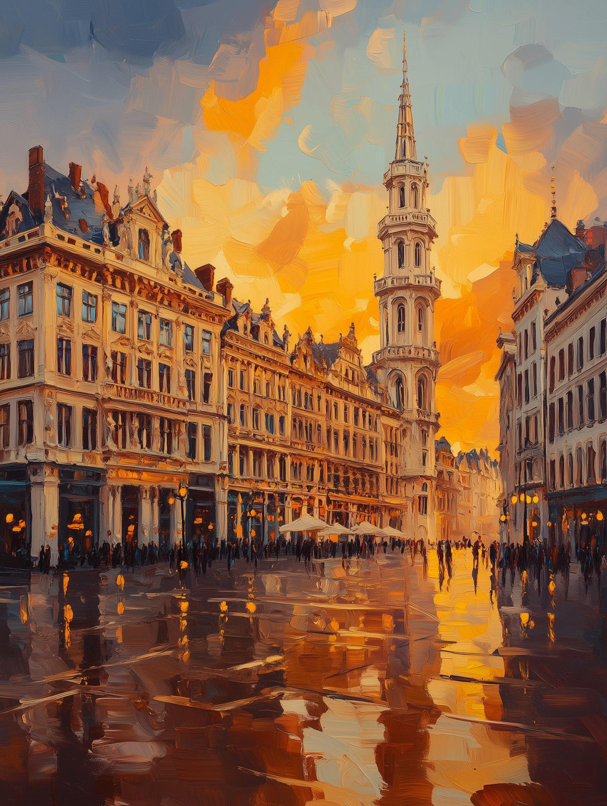 Painterly Grand Place canvas print with lantern light warm on the cobbles