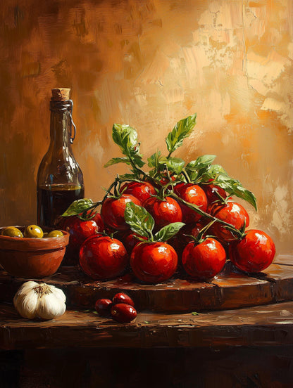 Italian market still life painted in oils, deep reds set against warm wood