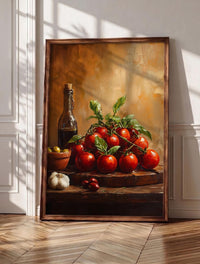 Tomato wall art: heirloom tomatoes on a weathered table in market light, framed canvas print