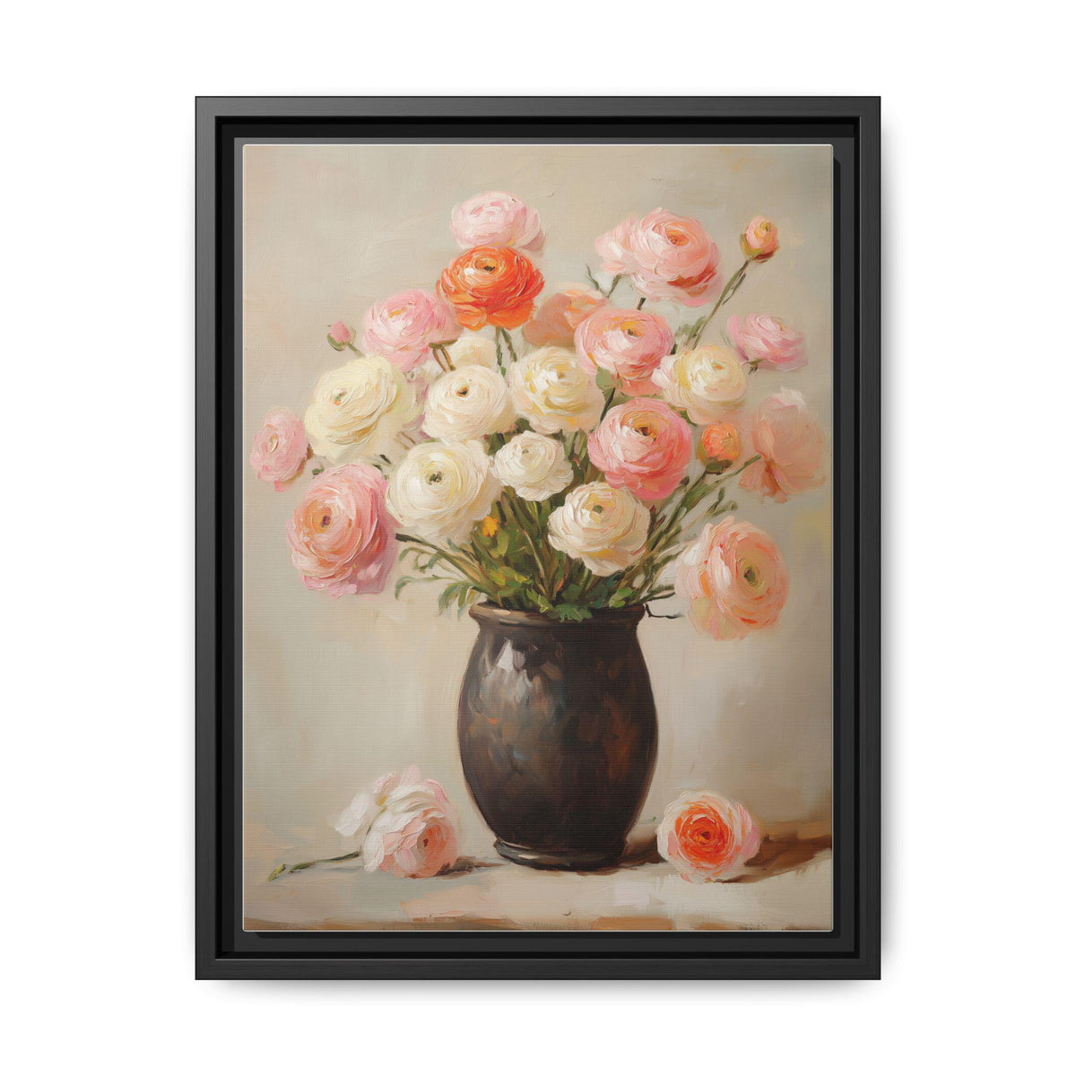 Ranunculus wall art framed canvas print in a black wood frame