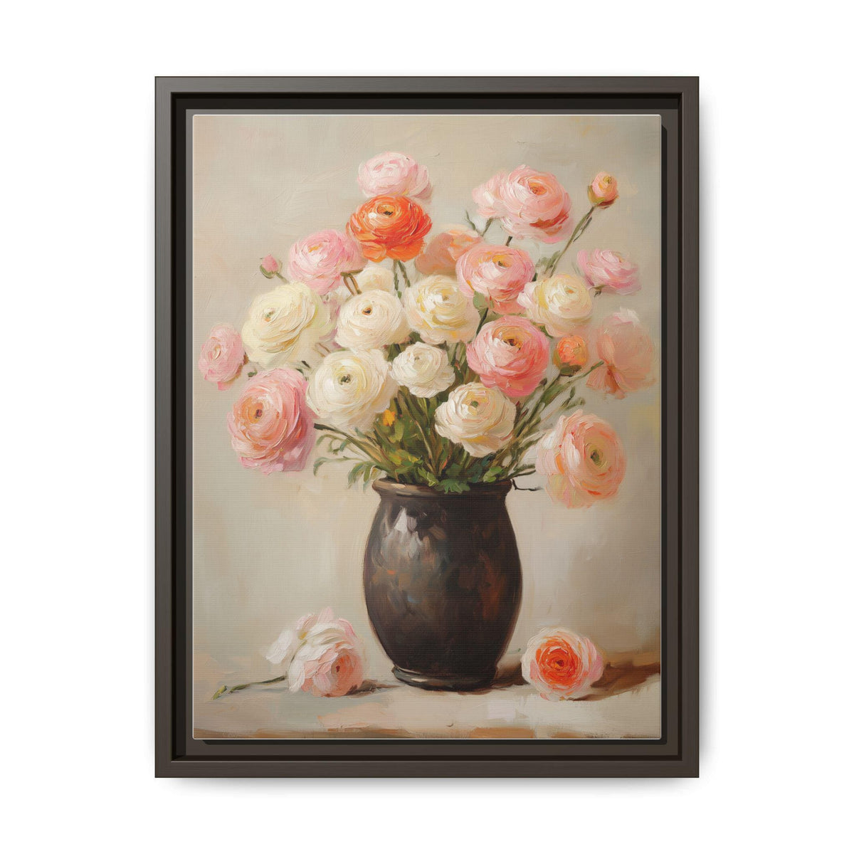 Ranunculus wall art framed canvas print in an espresso wood frame