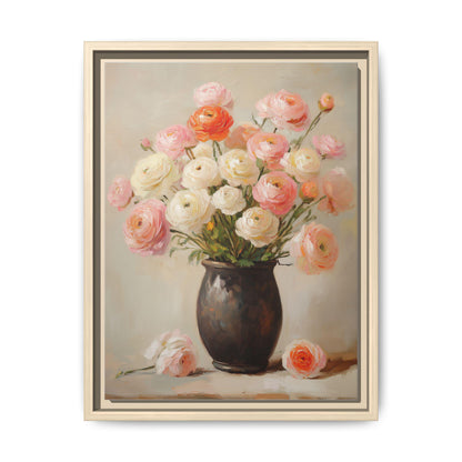 Ranunculus wall art framed canvas print in a natural wood frame