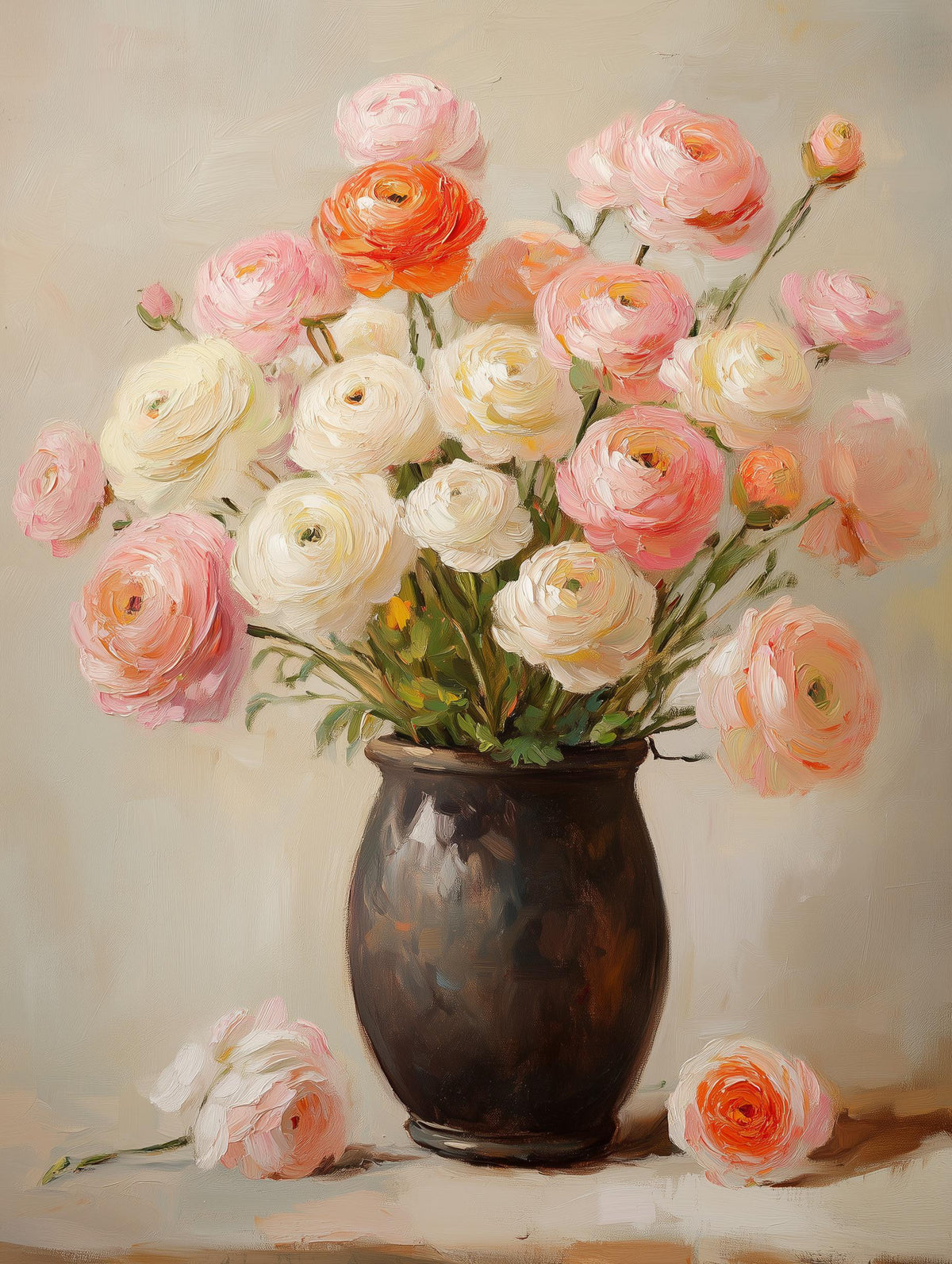 Painterly ranunculus canvas print with loose, freshly gathered stems