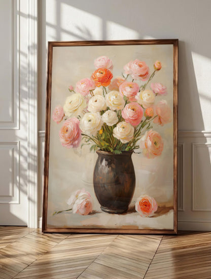Ranunculus wall art: a generous bunch of blooms in blush pink and coral