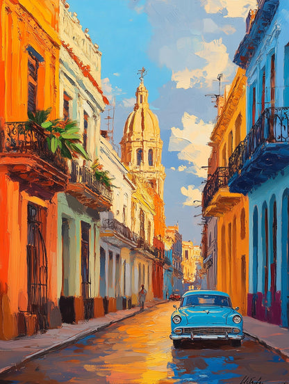 Painterly Cuba canvas print in burnt orange, turquoise and sun-bleached pink
