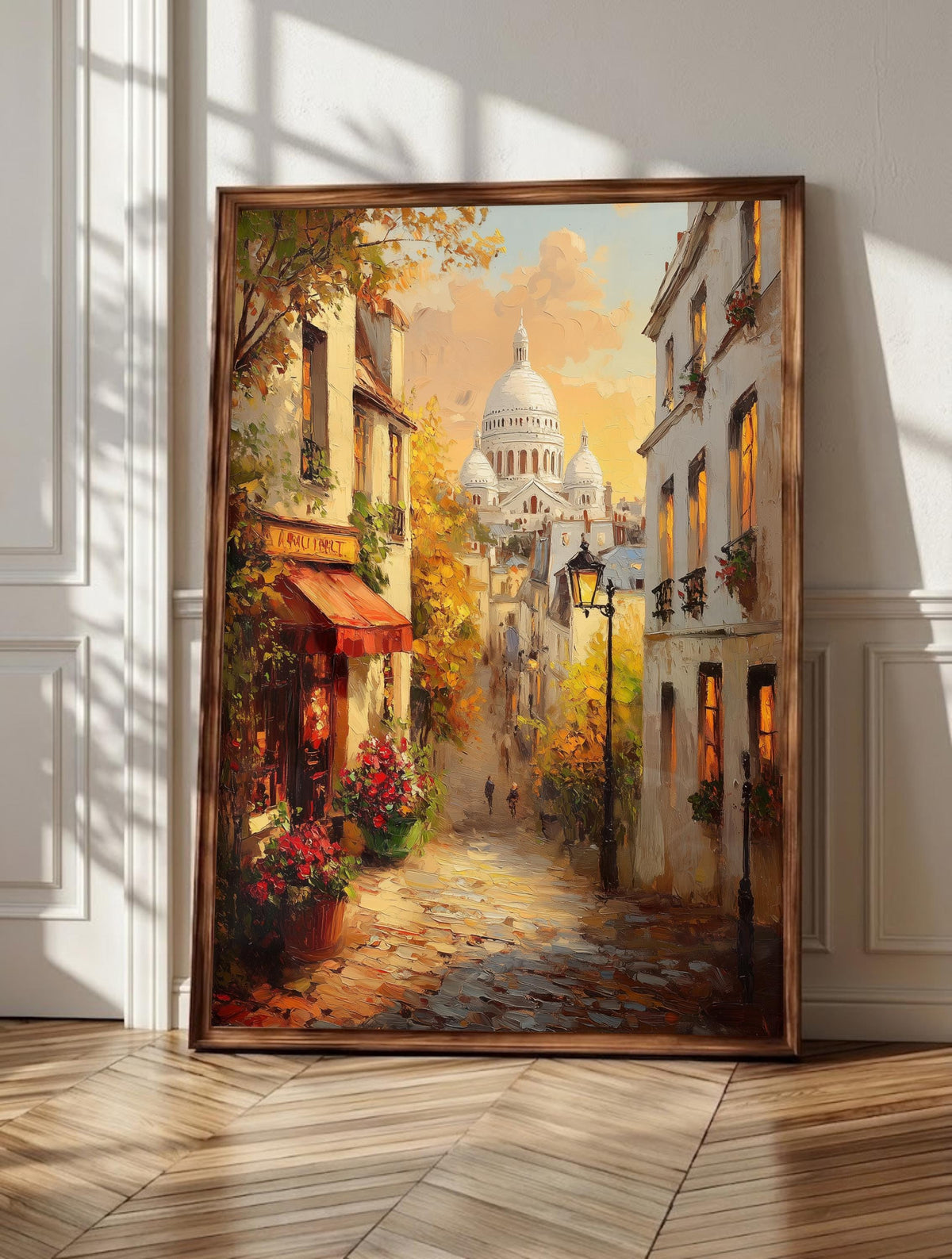 Montmartre wall art: a narrow Paris cobblestone lane and its corner cafe, framed canvas
