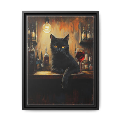 Black Cat Wine wall art framed canvas print in a black wood frame