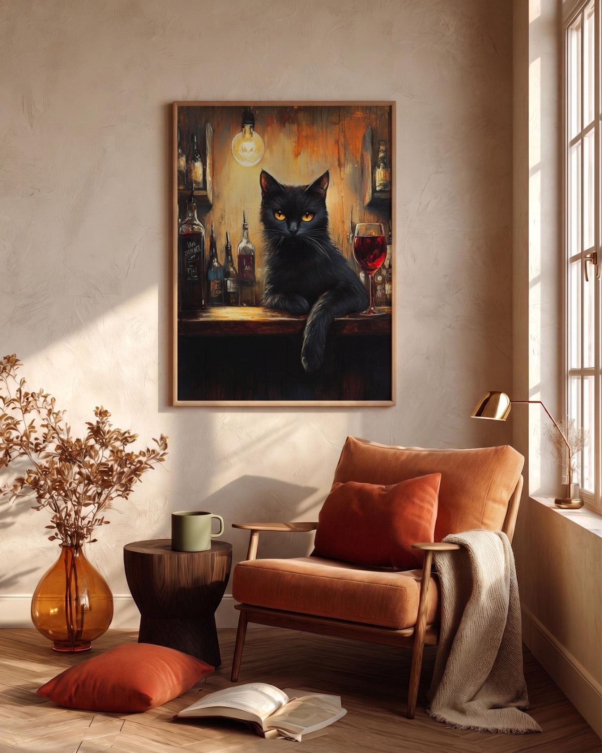 Oil-painting style cat and red wine printed on cotton canvas, made to order