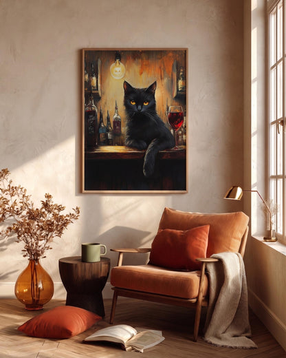 Oil-painting style cat and red wine printed on cotton canvas, made to order
