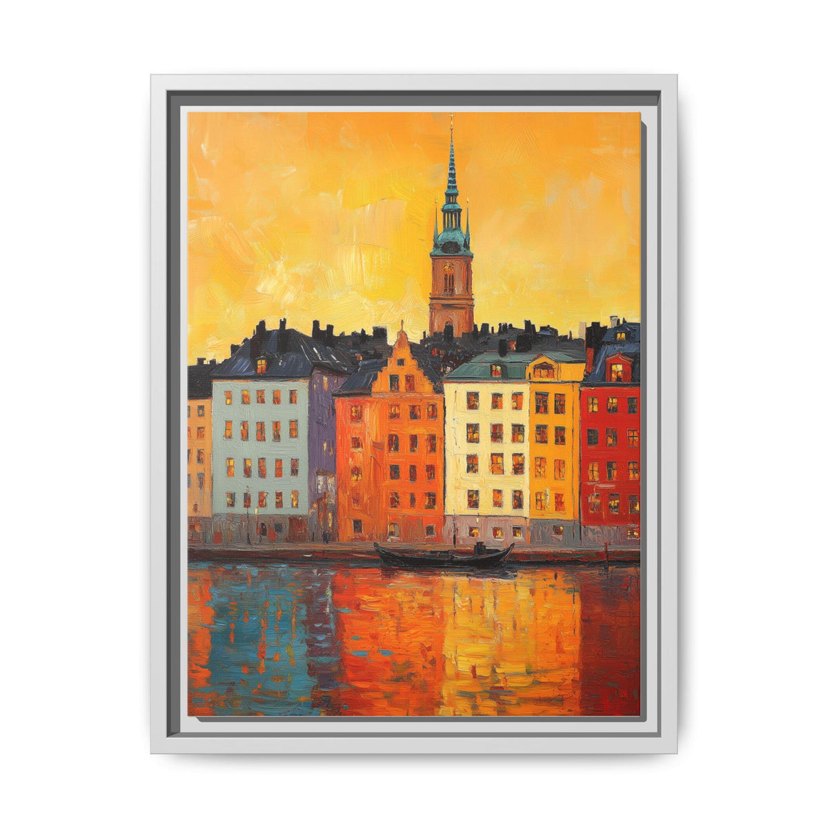 Stockholm wall art framed canvas print in a white wood frame
