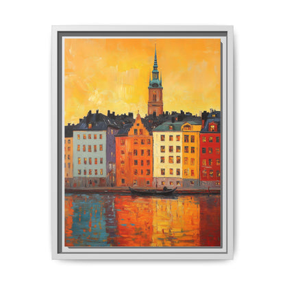 Stockholm wall art framed canvas print in a white wood frame
