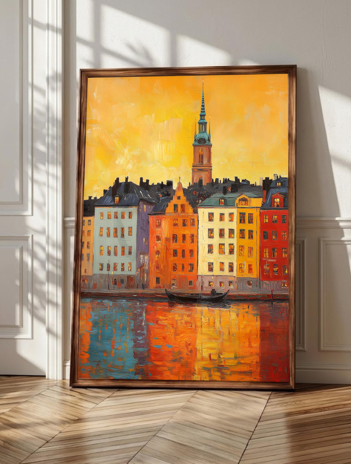 Stockholm wall art: the Gamla Stan waterfront glowing amber and terracotta