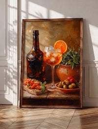 Spritz wall art: a tall orange aperitivo catching afternoon light, framed canvas print