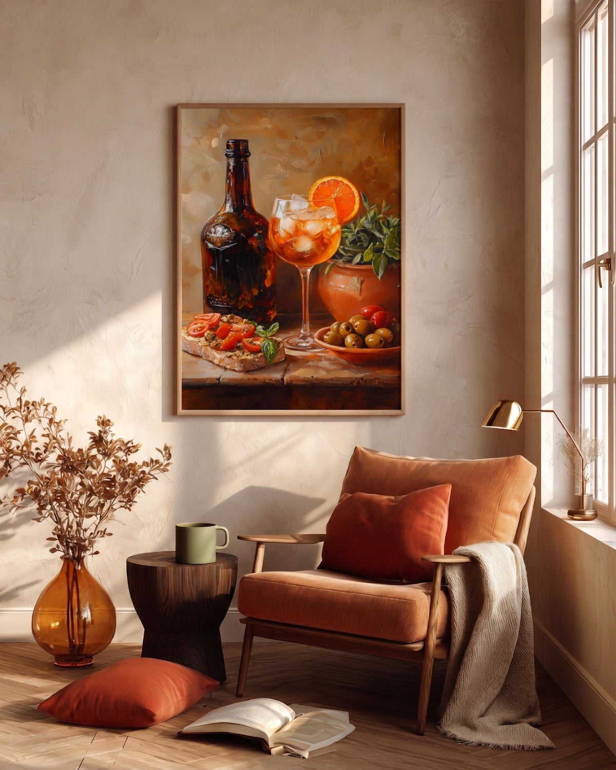 Painterly cocktail study in bright orange and gold, made to order framed canvas