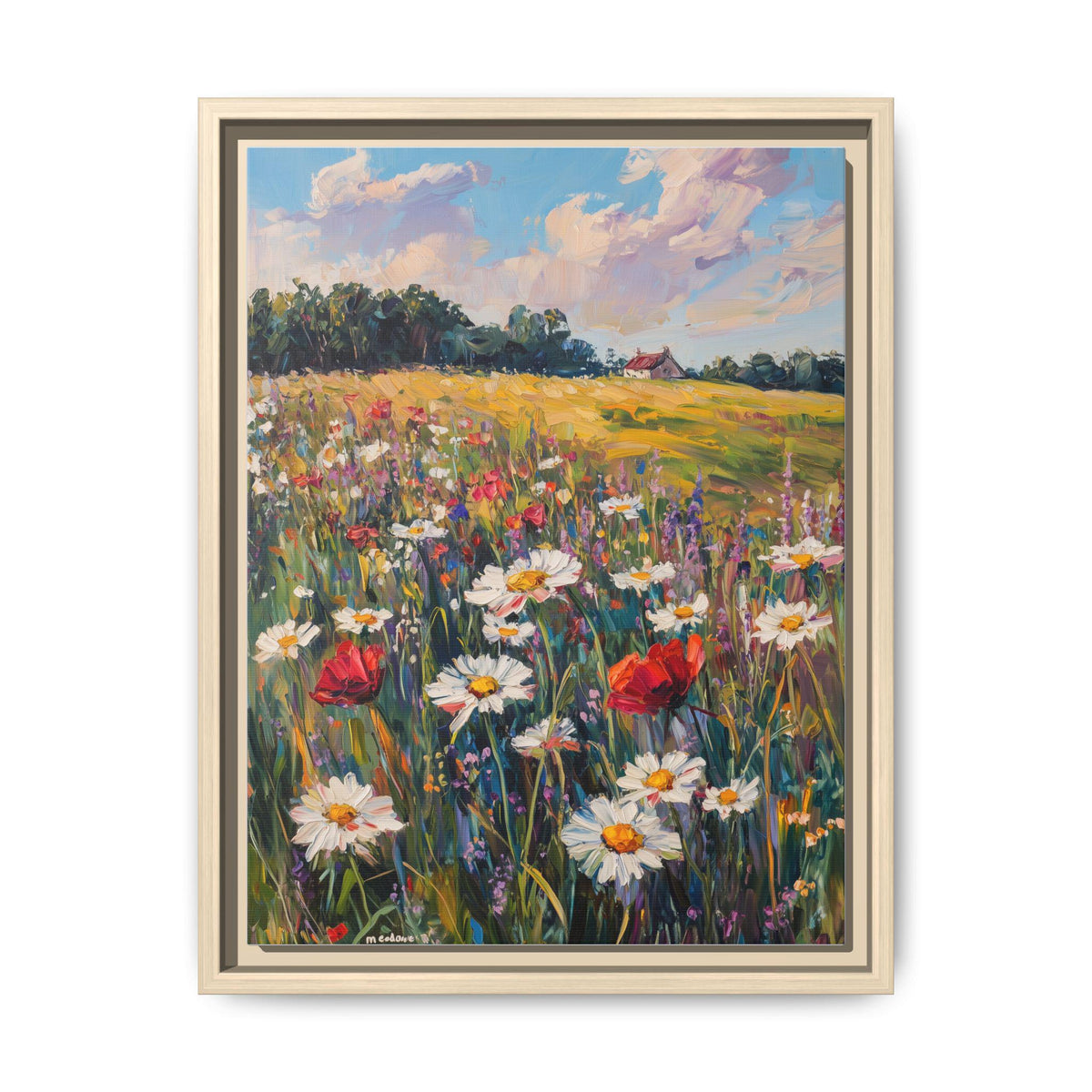 Wildflower wall art framed canvas print in a natural wood frame