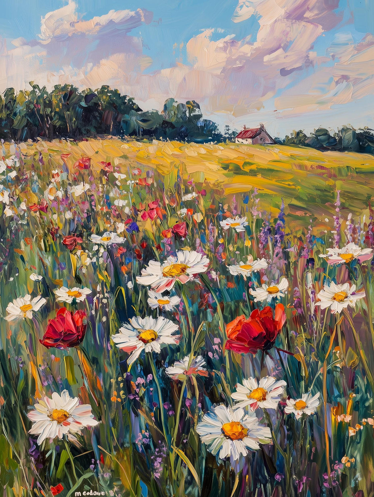 Painterly meadow canvas print with grasses brushed in loose, layered oils