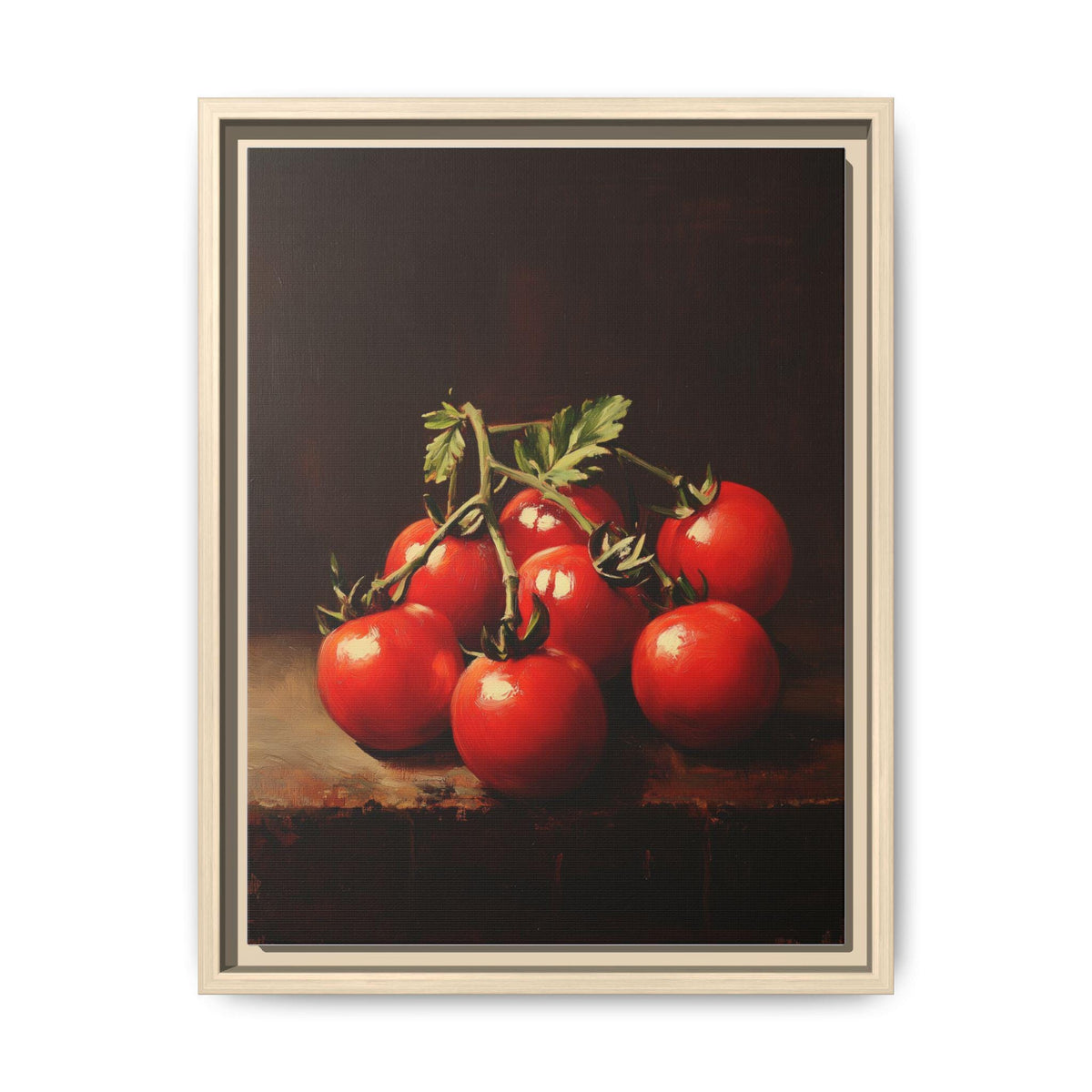 Cherry Tomato wall art framed canvas print in a natural wood frame
