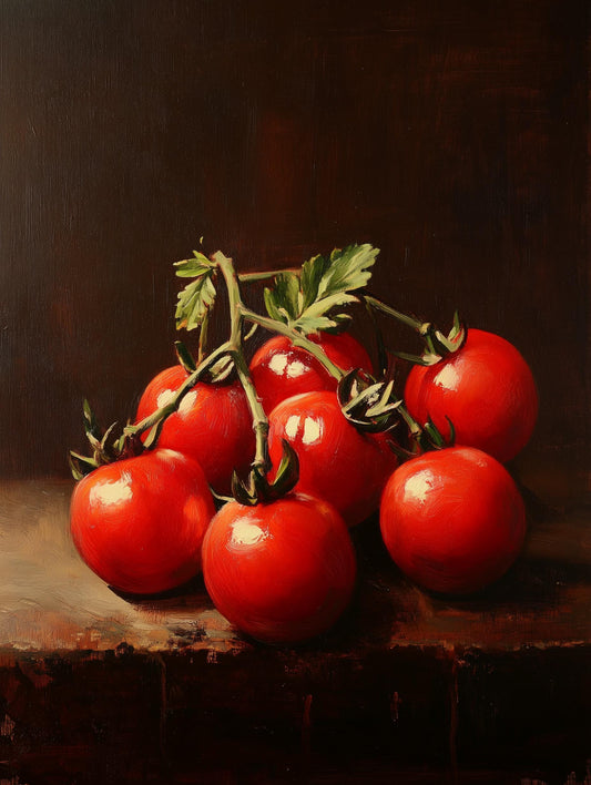 Painterly cherry tomato canvas print with glossy crimson skins in raking light