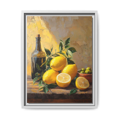 Italian Lemon wall art framed canvas print in a white wood frame