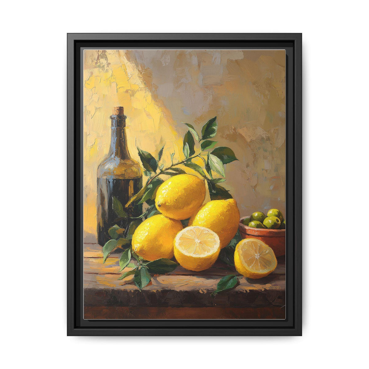 Italian Lemon wall art framed canvas print in a black wood frame