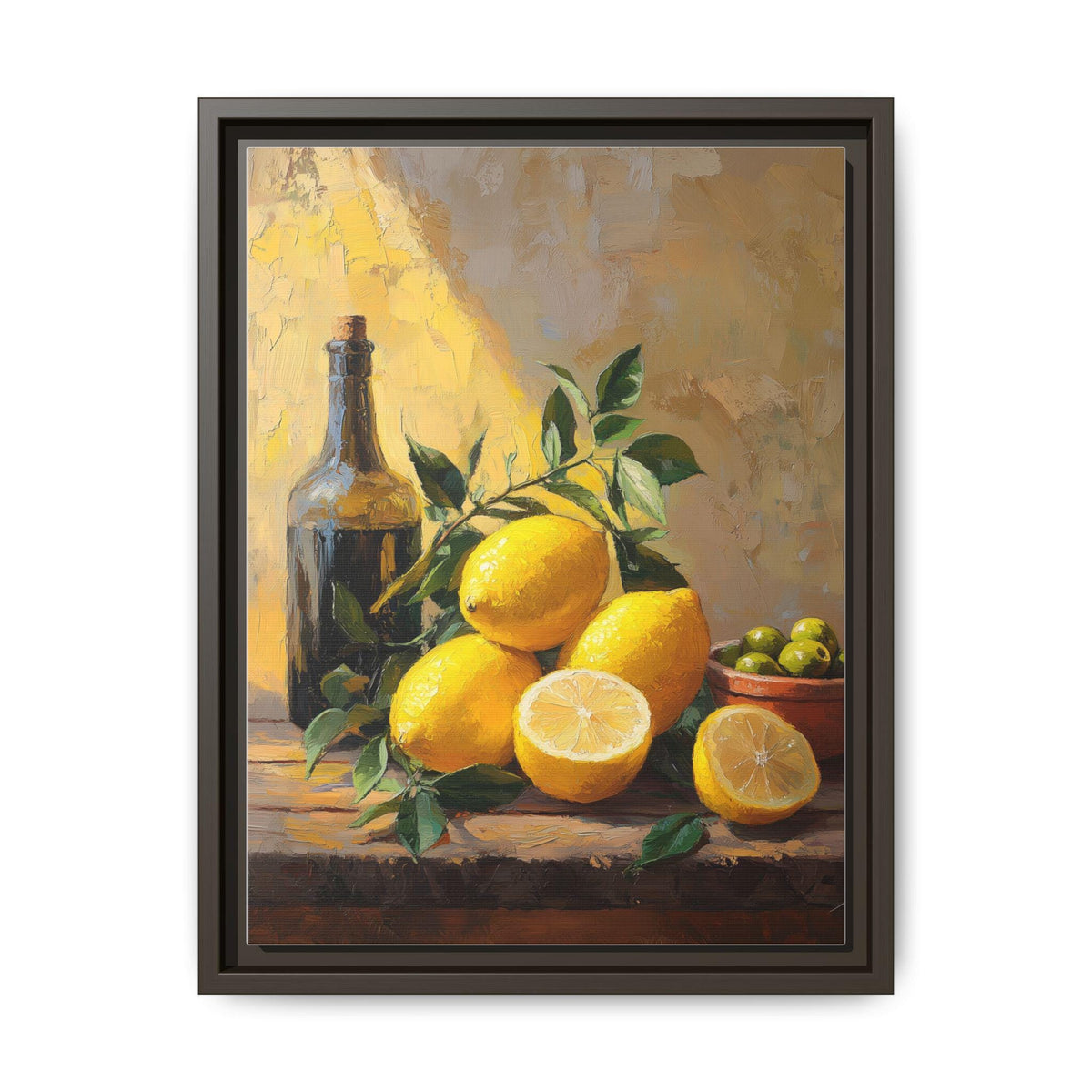 Italian Lemon wall art framed canvas print in an espresso wood frame