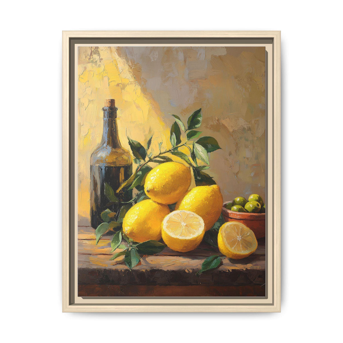 Italian Lemon wall art framed canvas print in a natural wood frame