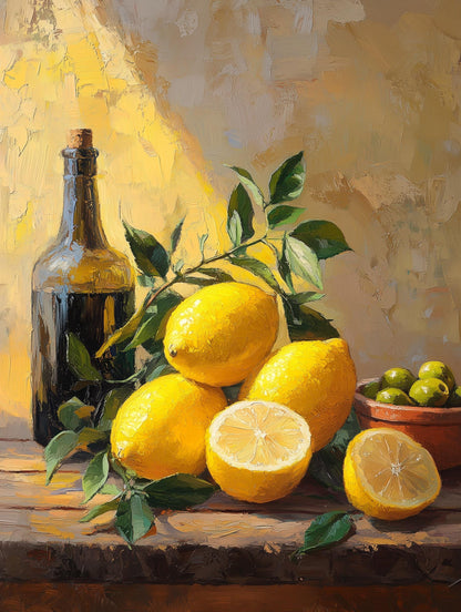 Painterly citrus canvas print in bright lemon gold and warm terracotta