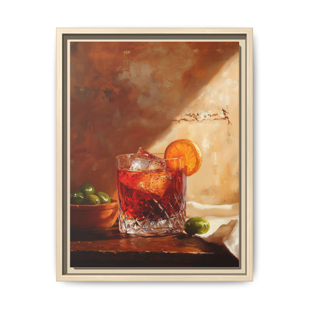 Negroni wall art framed canvas print in a natural wood frame