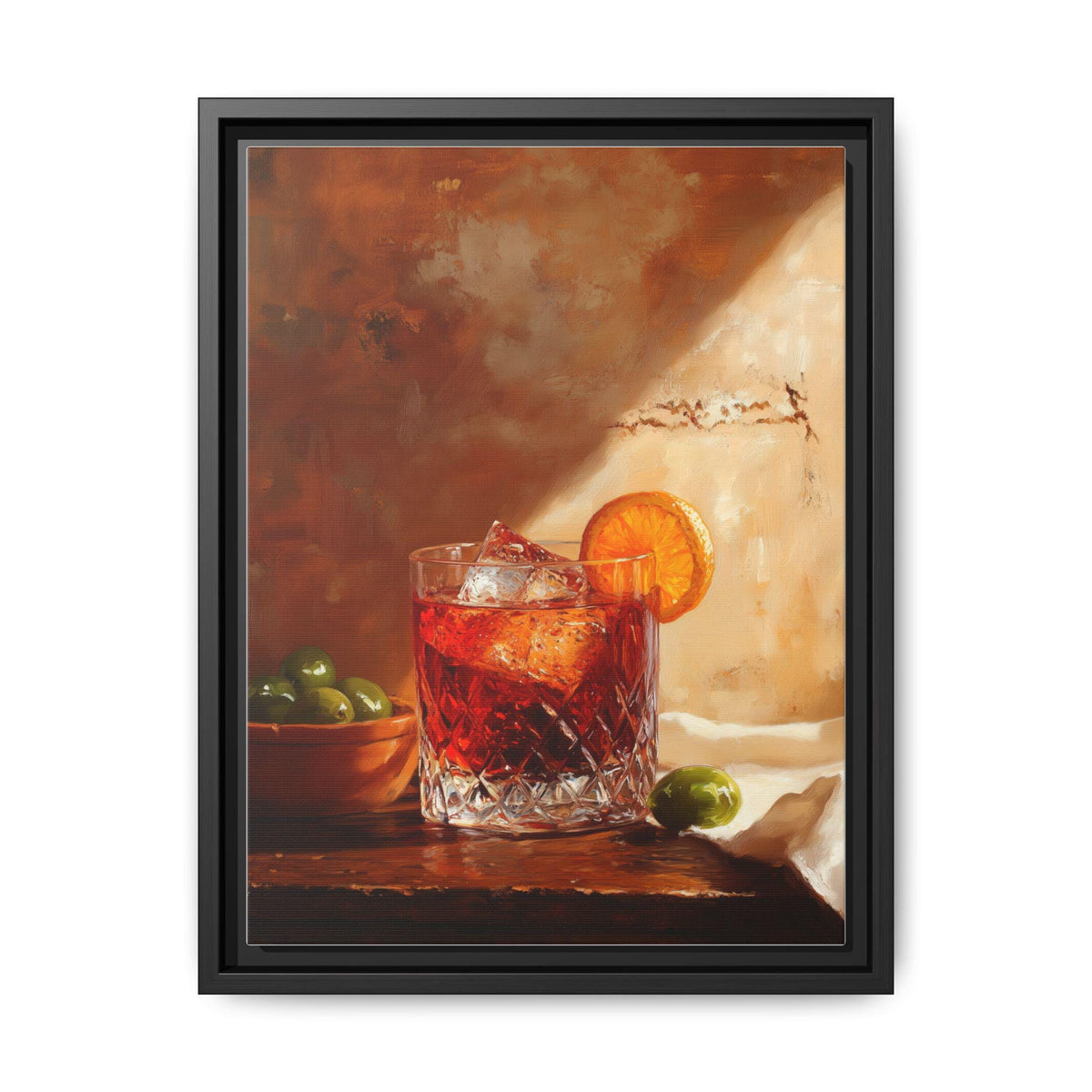 Negroni wall art framed canvas print in a black wood frame