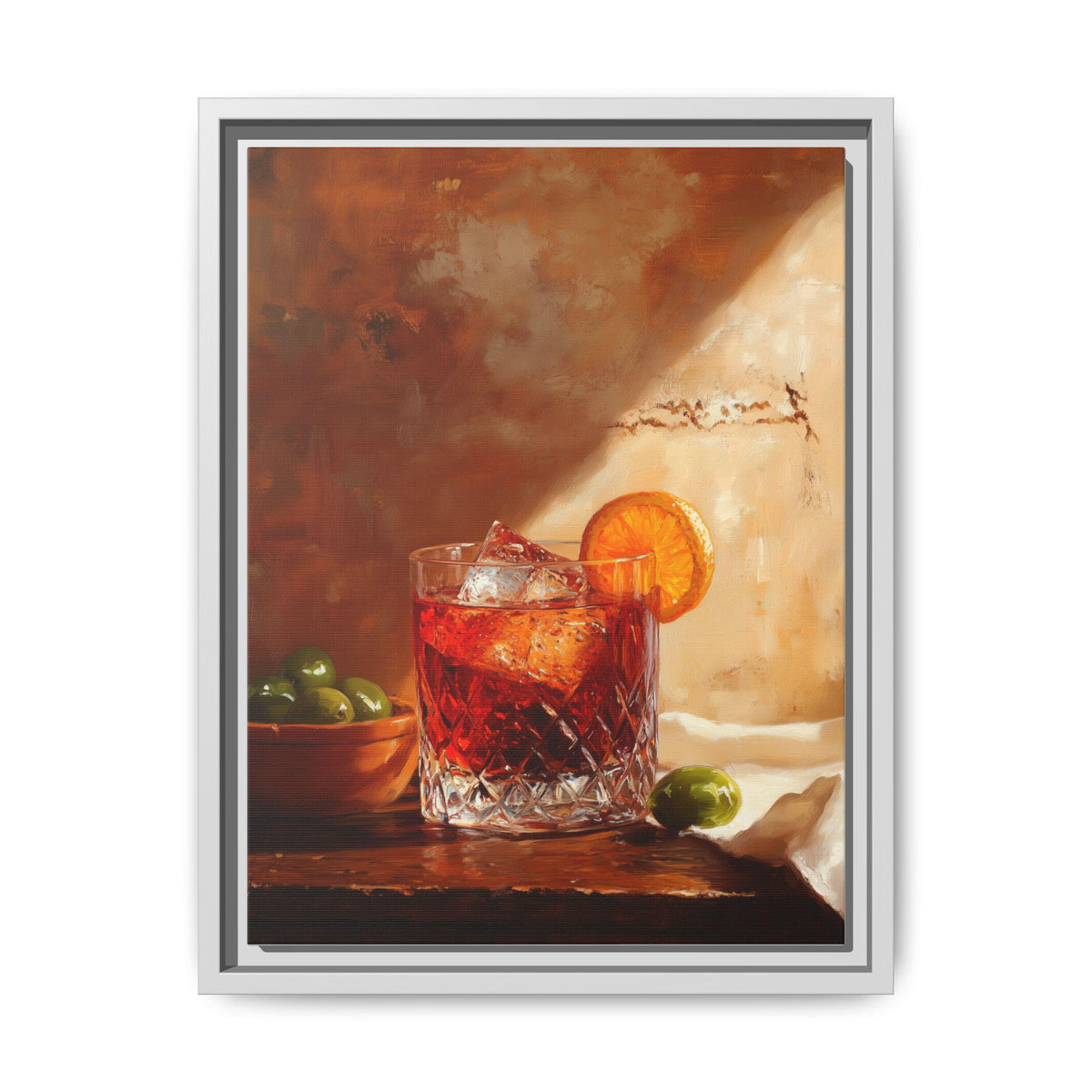 Negroni wall art framed canvas print in a white wood frame