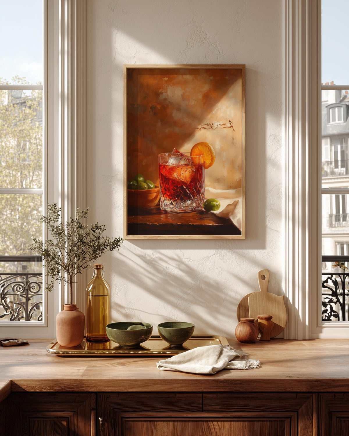 Oil-painting style cocktail print on cotton canvas, made to order by Cenzio Atelier