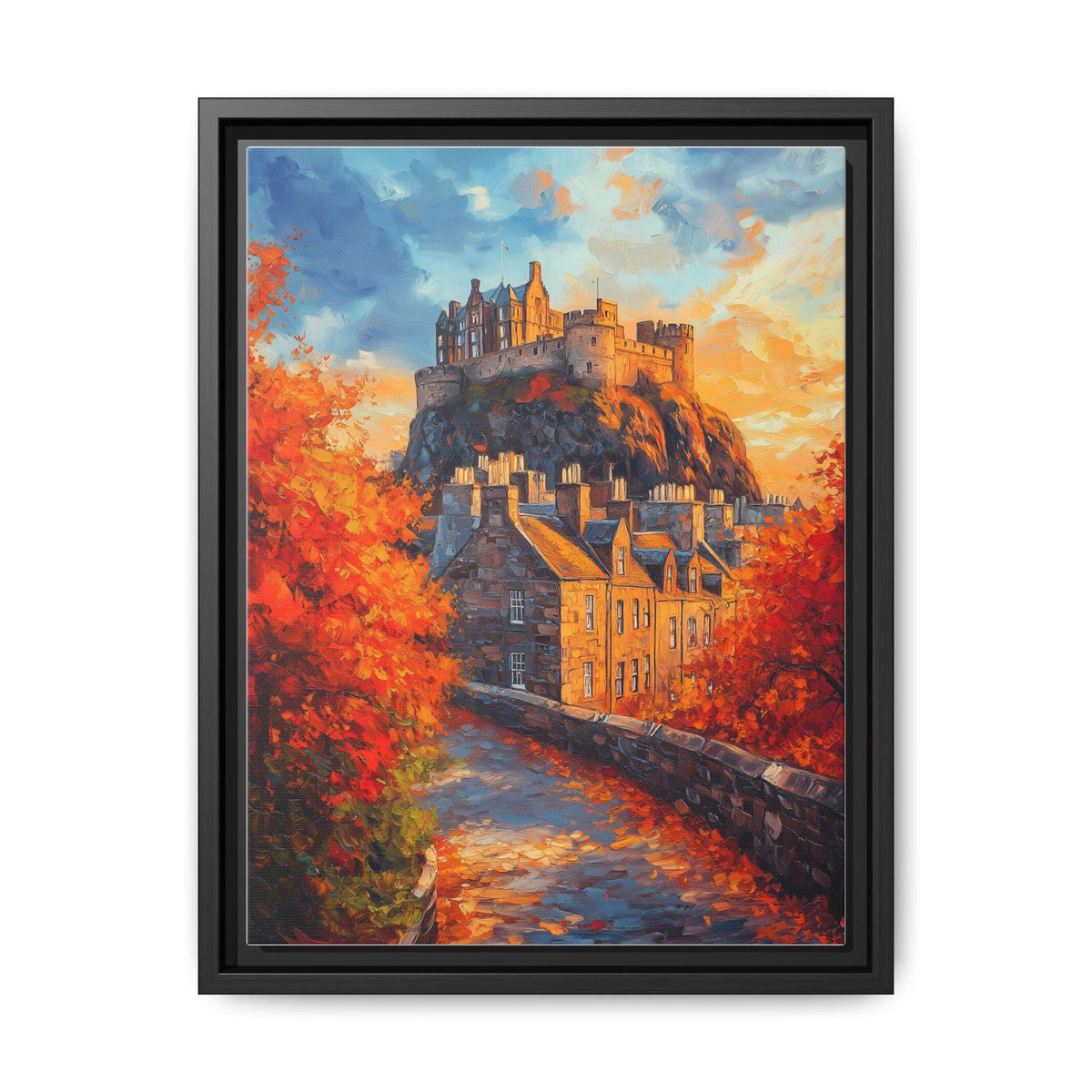 Edinburgh Castle wall art framed canvas print in a black wood frame