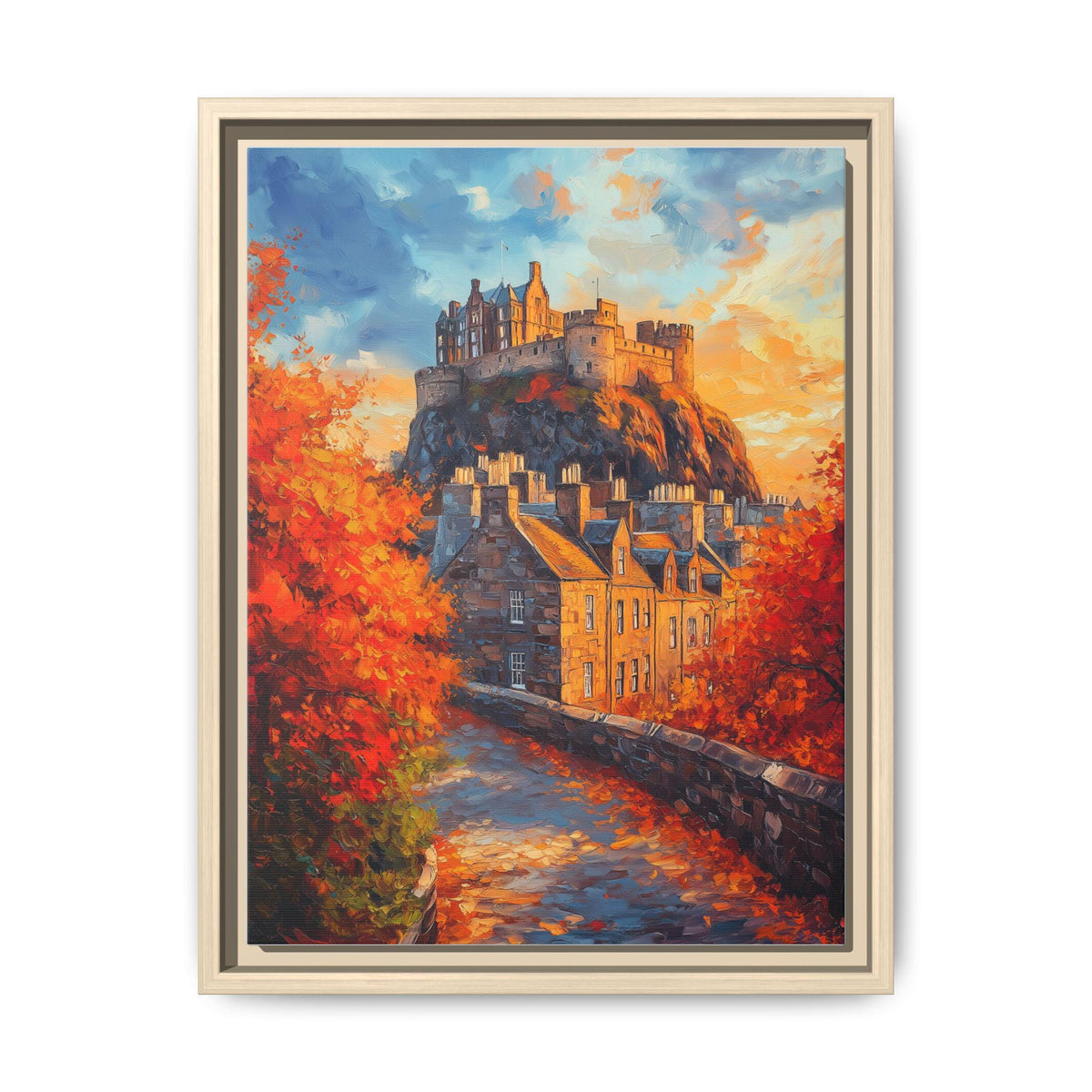 Edinburgh Castle wall art framed canvas print in a natural wood frame