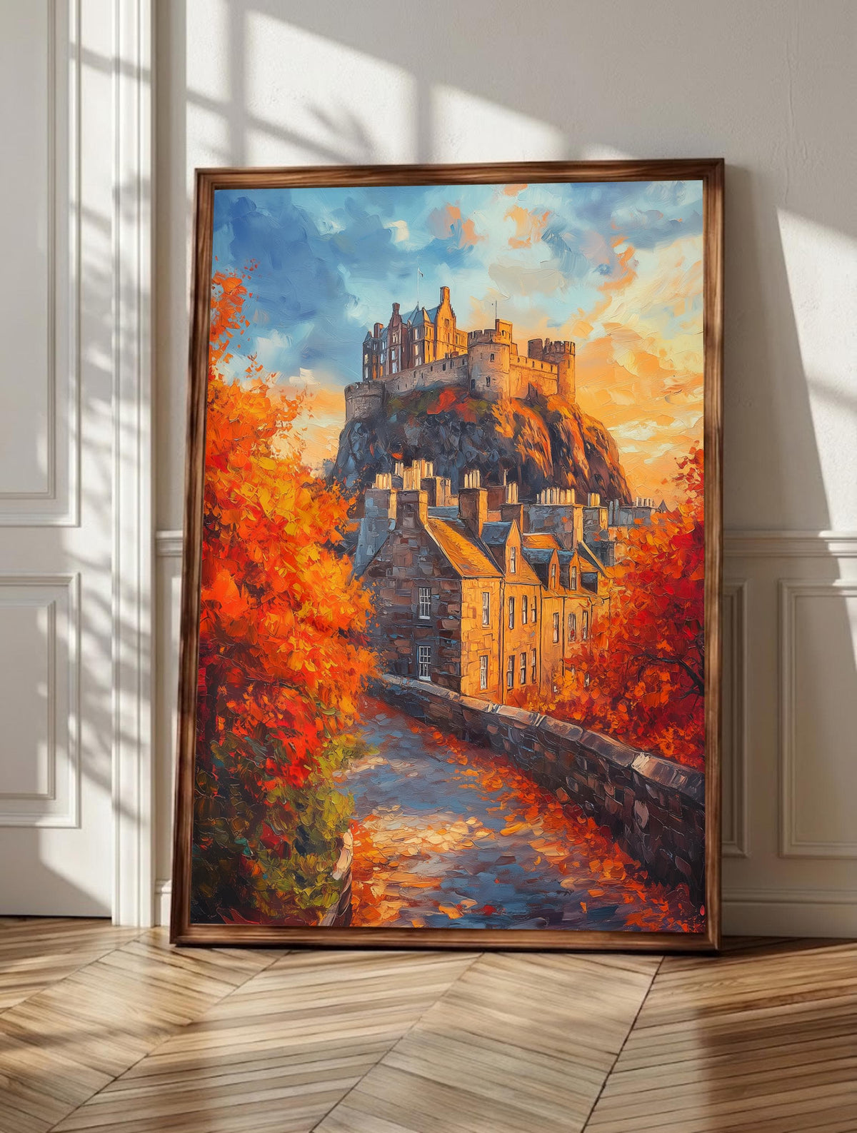 Edinburgh Castle wall art: the fortress on its rock above burnt orange autumn trees