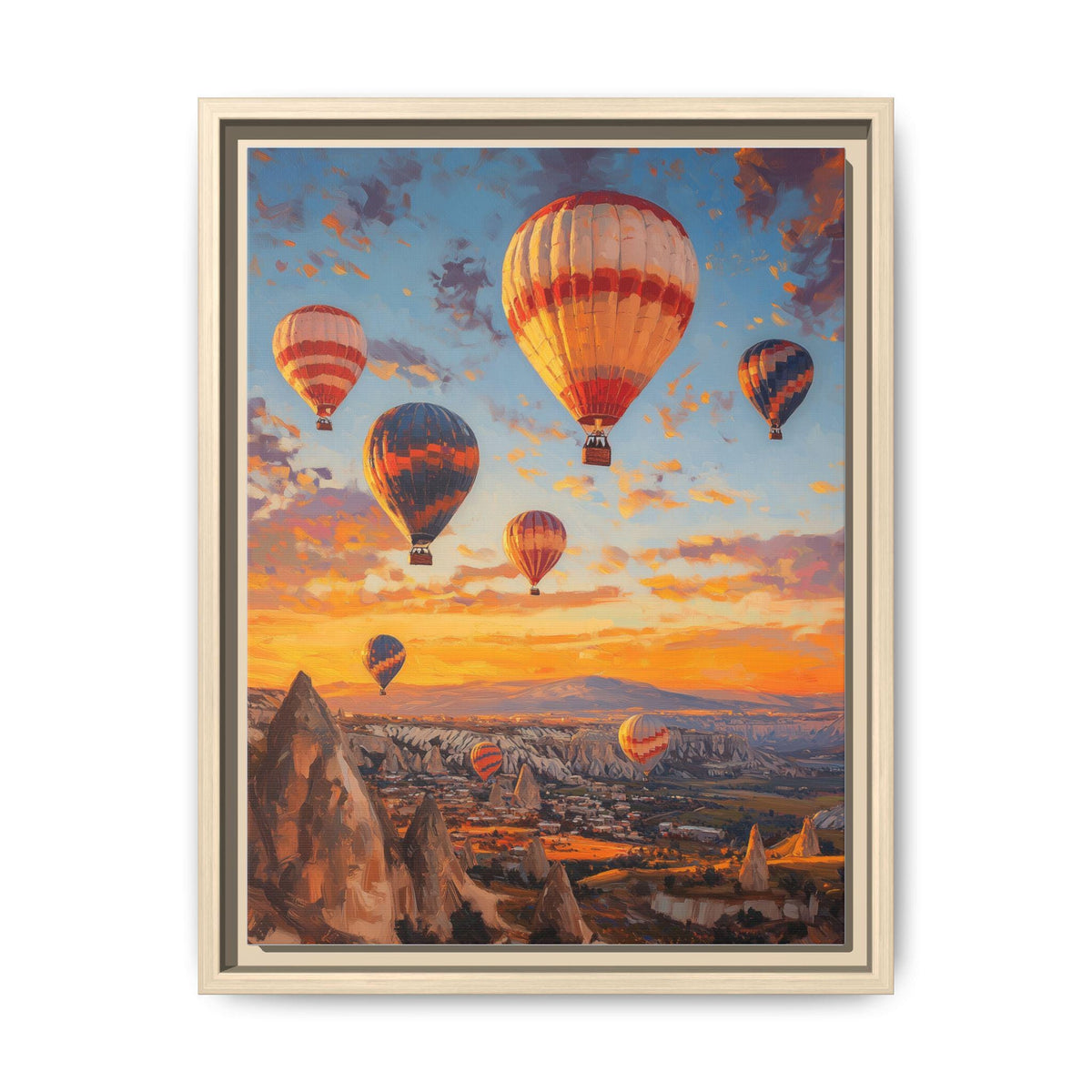 Cappadocia wall art framed canvas print in a natural wood frame